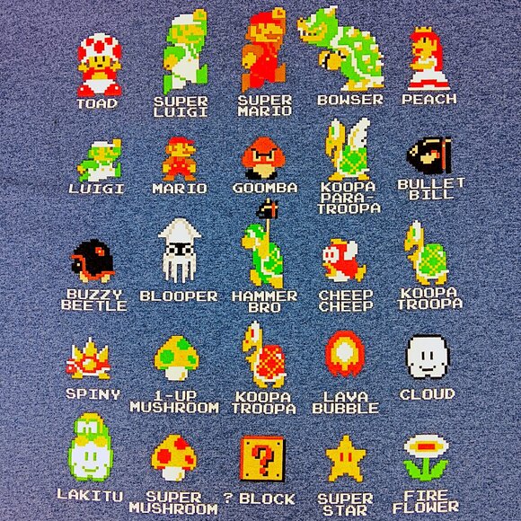 Nintendo Other - SUPER MARIO-Men's-Pixel Art All Characters- T-shirt- SIZE LARGE -Blue Heather